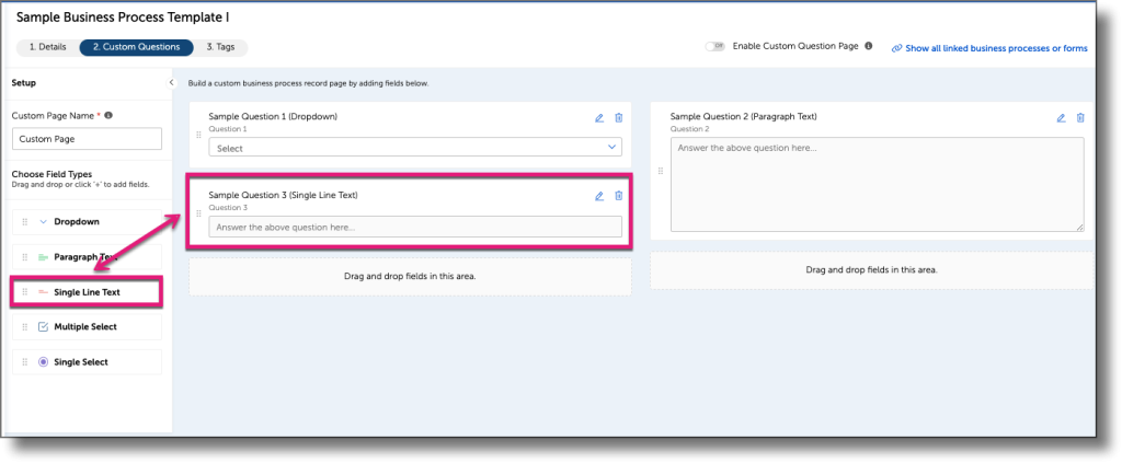Template builder showing the Choose Field Types column and the main canvas