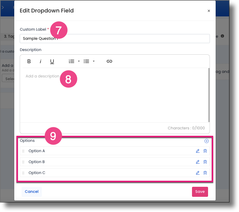 Question field editor showing label, description, and answer options fields