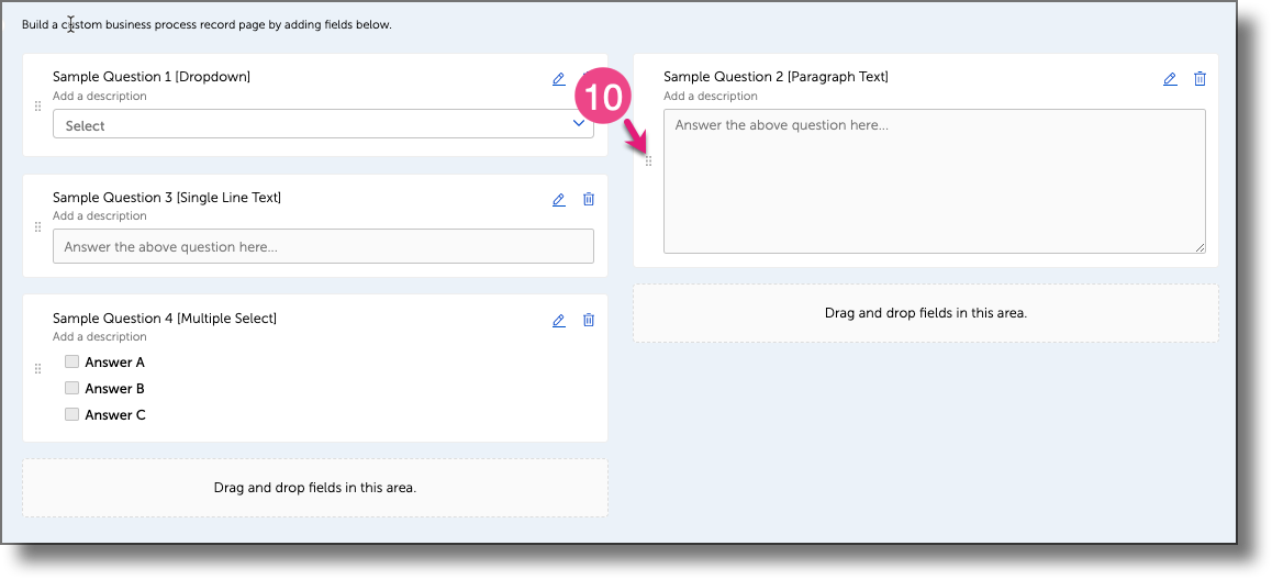 Template canvas showing the drag-and-drop handle on a question field