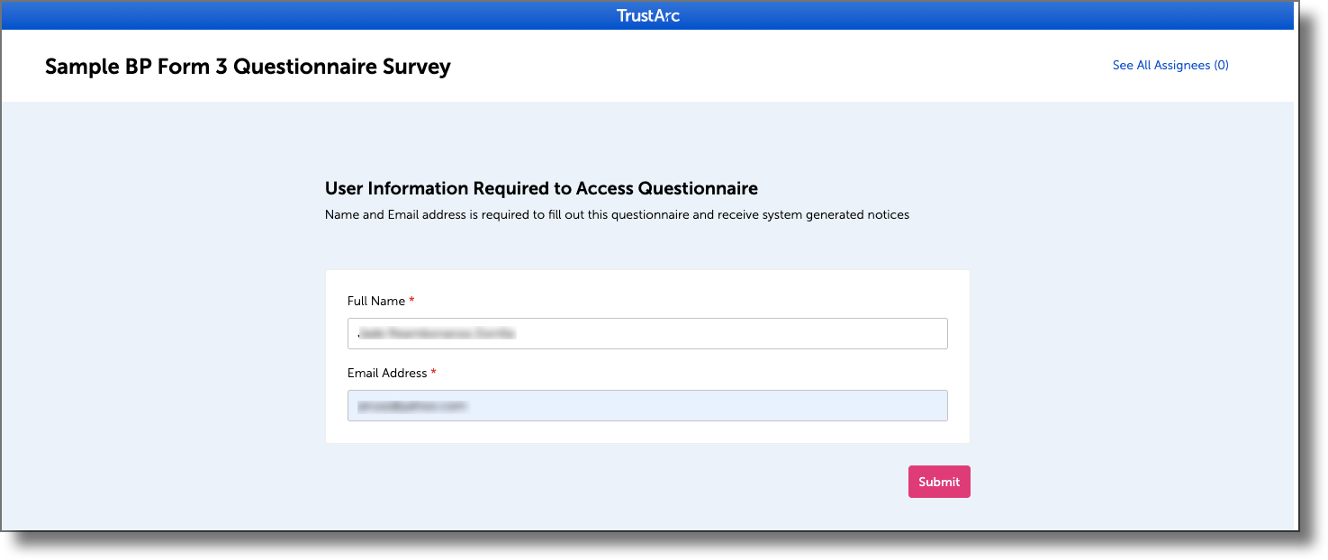Questionnaire invitation page showing the self-registration link and form