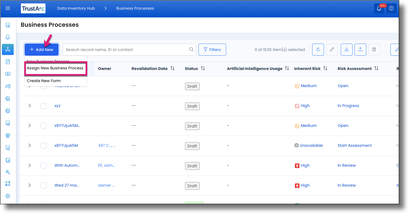 Business Processes page showing the Add New dropdown with the Assign New Business Process option