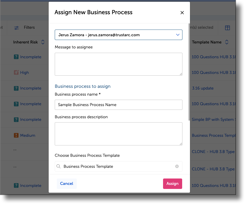 Assign New Business Process dialog showing assignee, message, name, description, and type fields