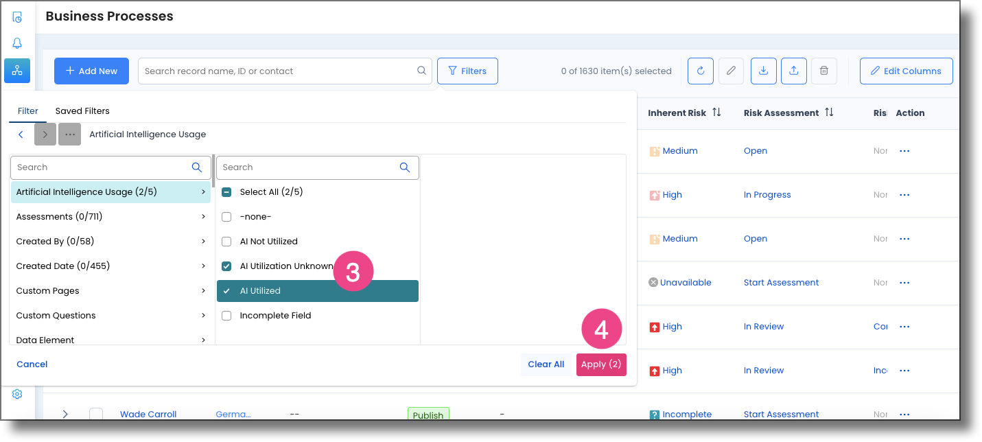 Filter panel showing selected filters and the Apply button