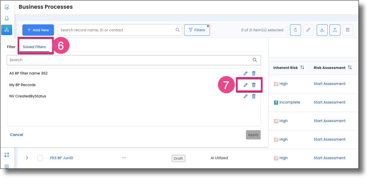 Saved Filters tab showing saved filters with Edit and Delete icons