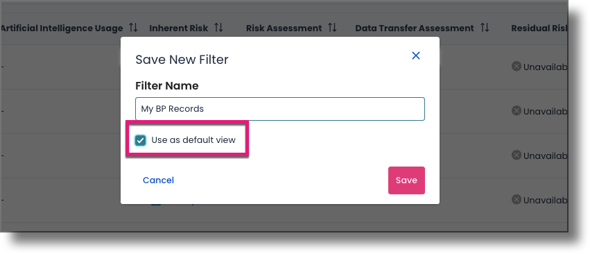 Save New Filter modal showing the Use as default view checkbox