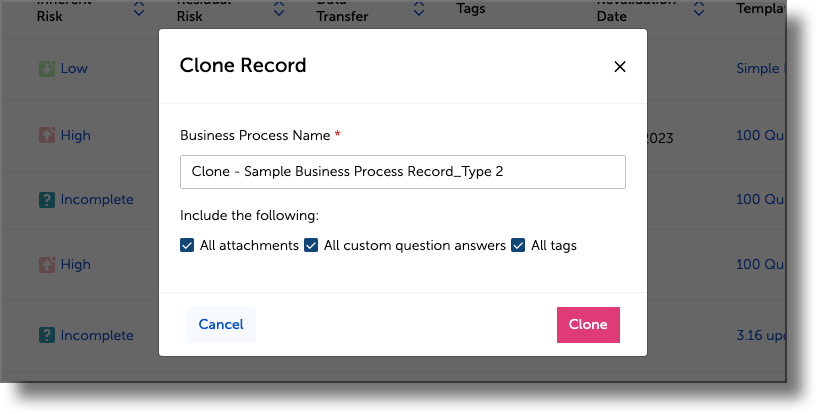 Clone dialog showing the name field and checkboxes for attachments, tags, and custom question answers