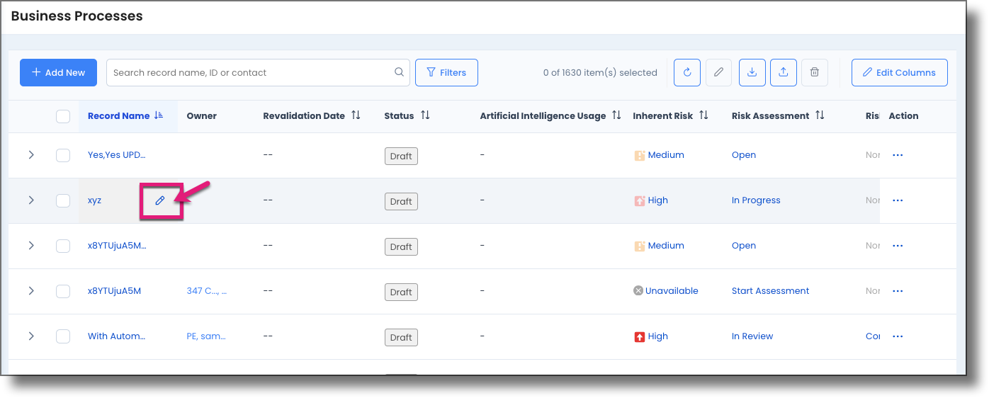 Business Processes page showing the Edit icon appearing on hover over a record name