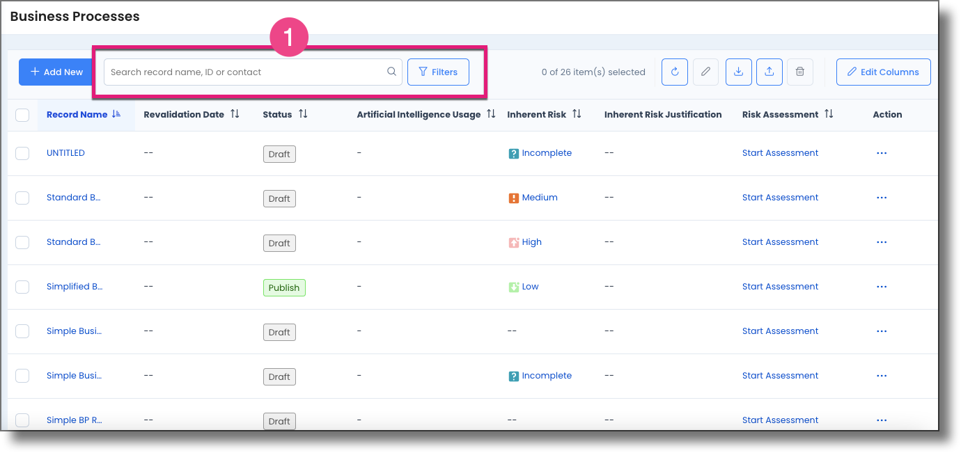 Evaluating the Inherent Risk of a Business Process Record from the Business Processes list page