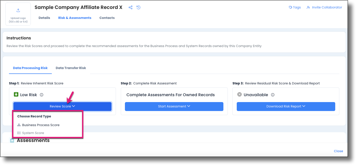 Review Inherent Risk Score section showing the Review Score button and record type selector