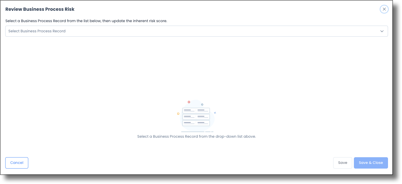 Review Risk modal showing the record selector dropdown and risk review fields