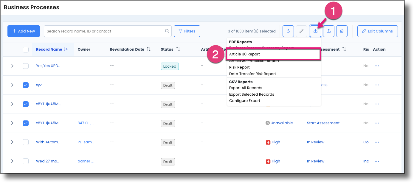 Download button expanded with Article 30 Report option highlighted