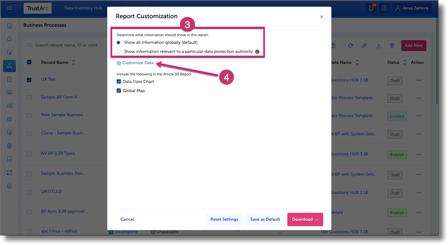 Report Customization modal showing scope, Customize Data, and data flow chart options