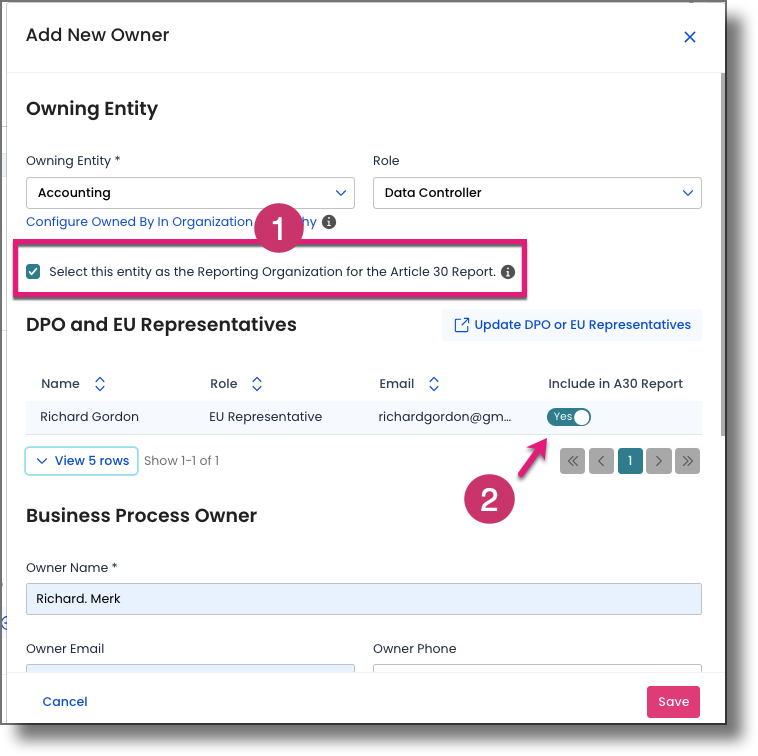 Business process record settings showing the Select this entity as the Reporting Organization toggle and Include in A30 Report toggle set to Yes