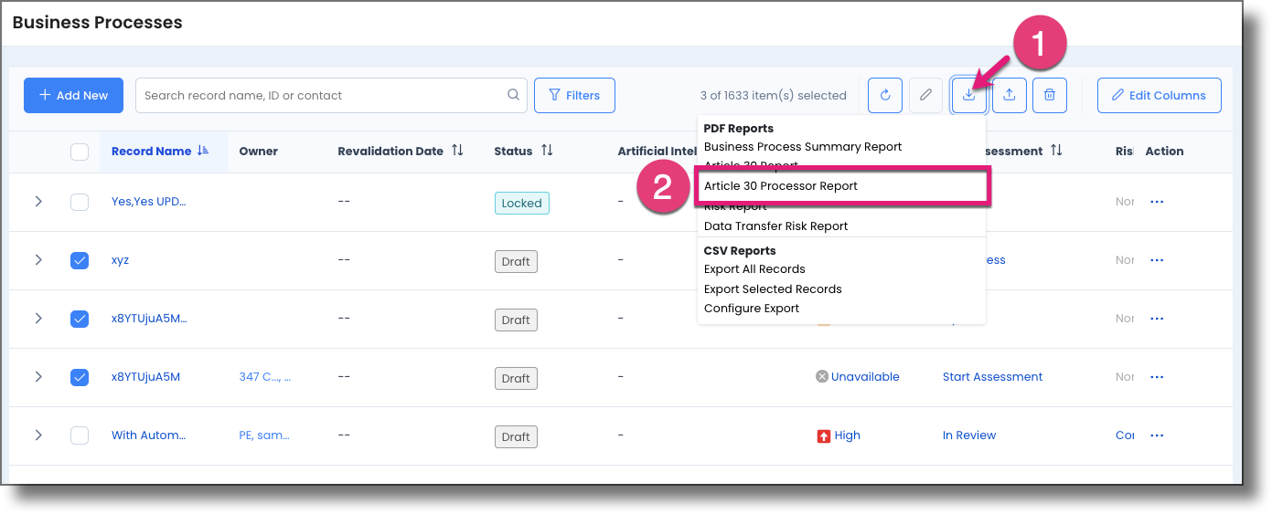 Download button expanded with Article 30 Processor Report option highlighted