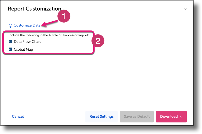 Report Customization modal showing Customize Data and data flow chart options