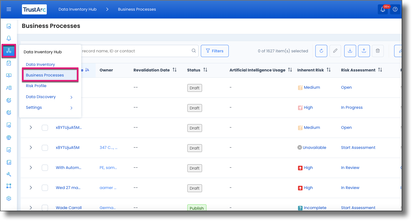 Data Mapping and Risk Manager left navigation panel with Business Processes selected