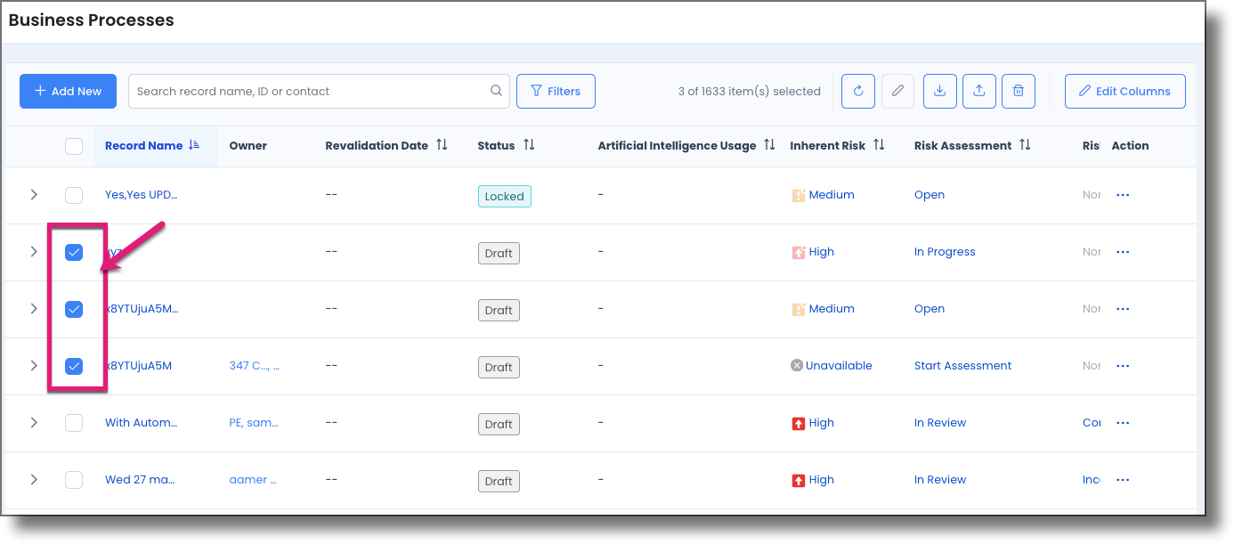 Business Processes list with two or more records selected using the checkboxes