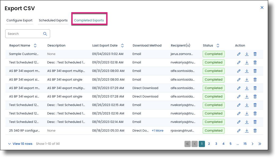 Completed Exports tab showing a table of completed reports with columns for name, description, export date, download method, recipients, status, and actions