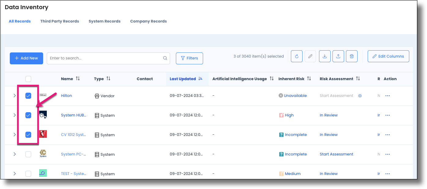 Business Processes list page with multiple records selected using the checkboxes