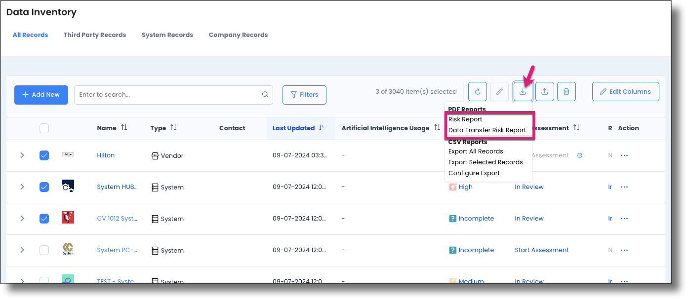 Download button expanded showing Risk Report and Data Transfer Risk Report options