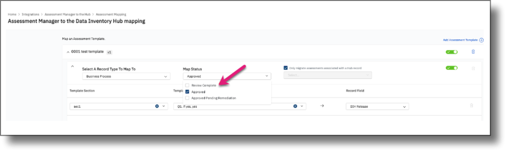 AM-DIH integration mapping page showing updated status options