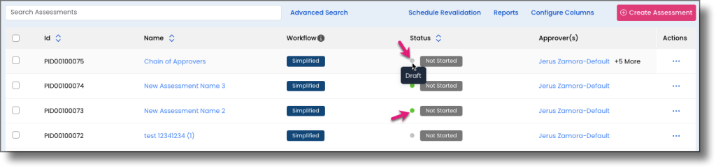 All Assessments page showing the status button indicating Draft or Published state