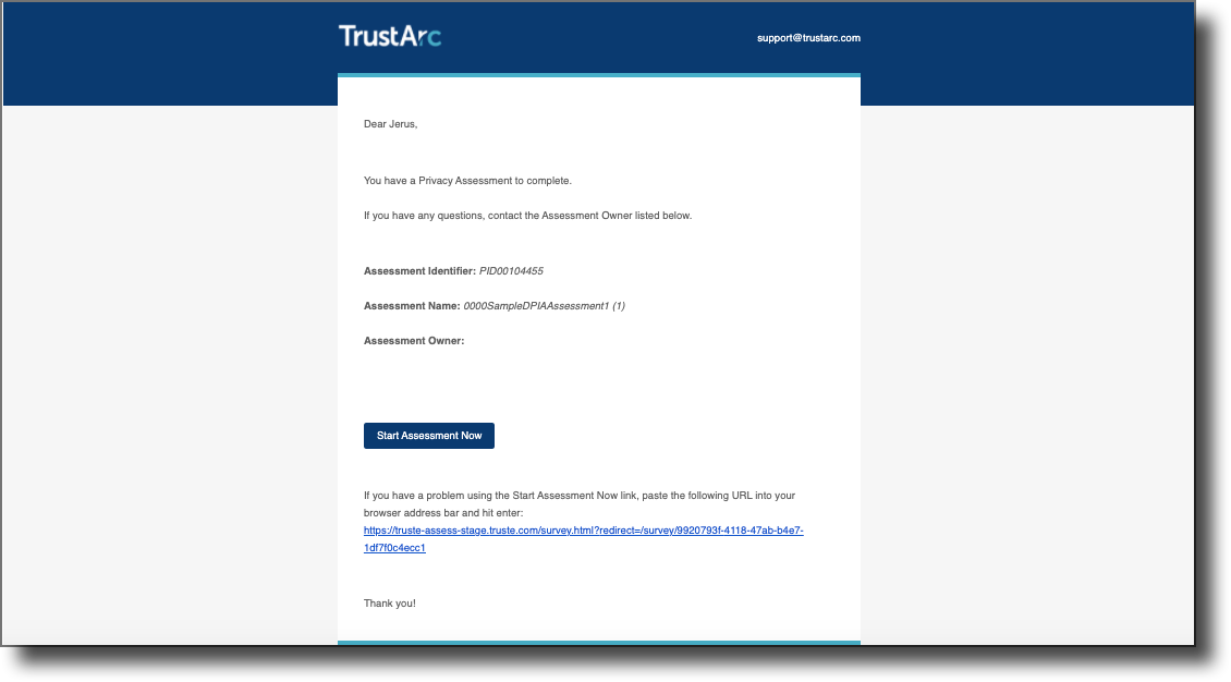 Email notification sent to respondents with the Start Assessment Now button