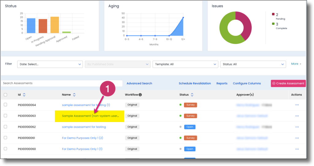 All Assessments page with assessment name link highlighted