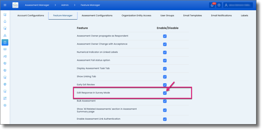 Feature Configurations page showing the Edit Response in Survey Mode checkbox and Confirm button