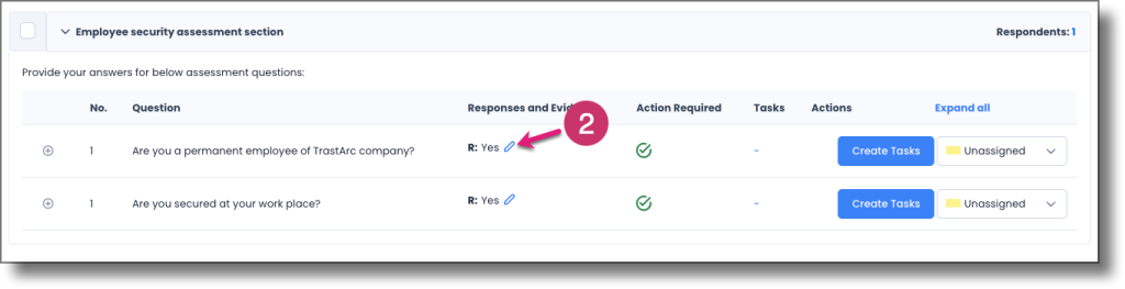 Questions and Responses tab showing the Edit icon to the right of a survey response
