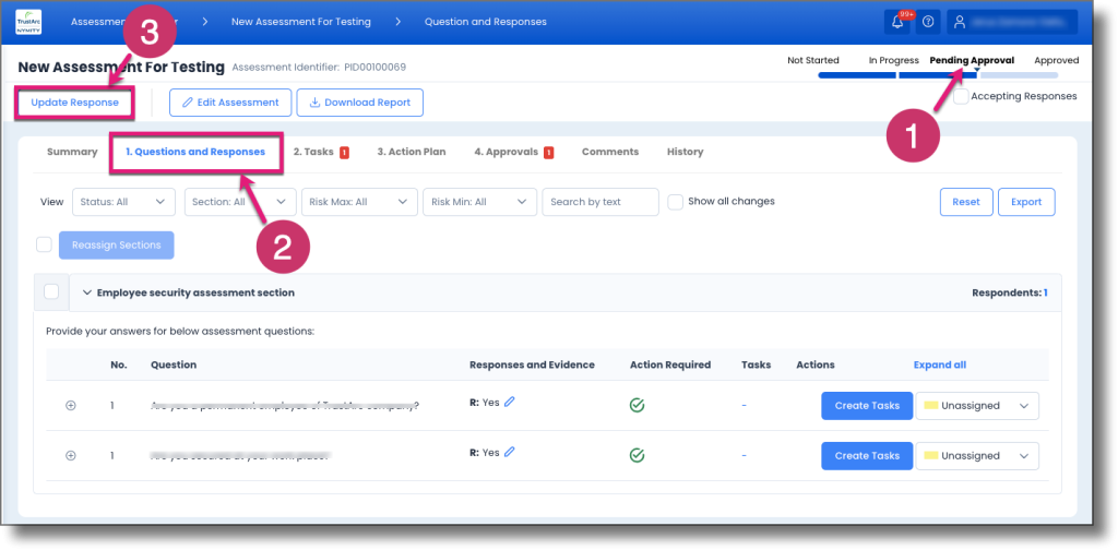 All Assessments page with a Pending Approval assessment selected and the Questions and Responses tab highlighted