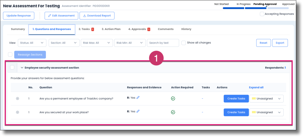 Questions and Responses tab with survey sections listed