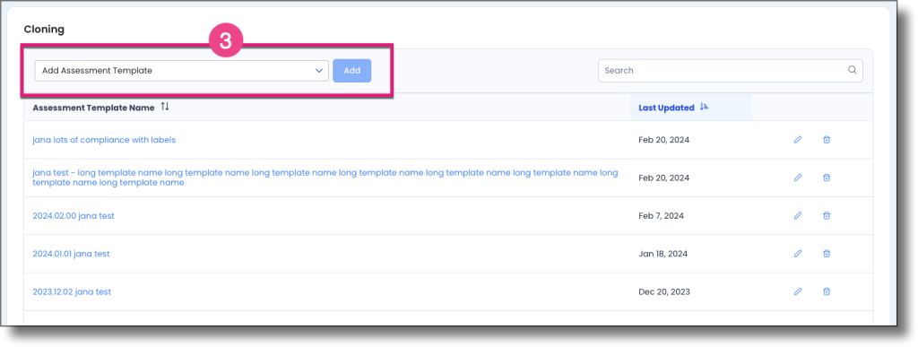 Account Configurations tab showing the Cloning section and Add Assessment Template field