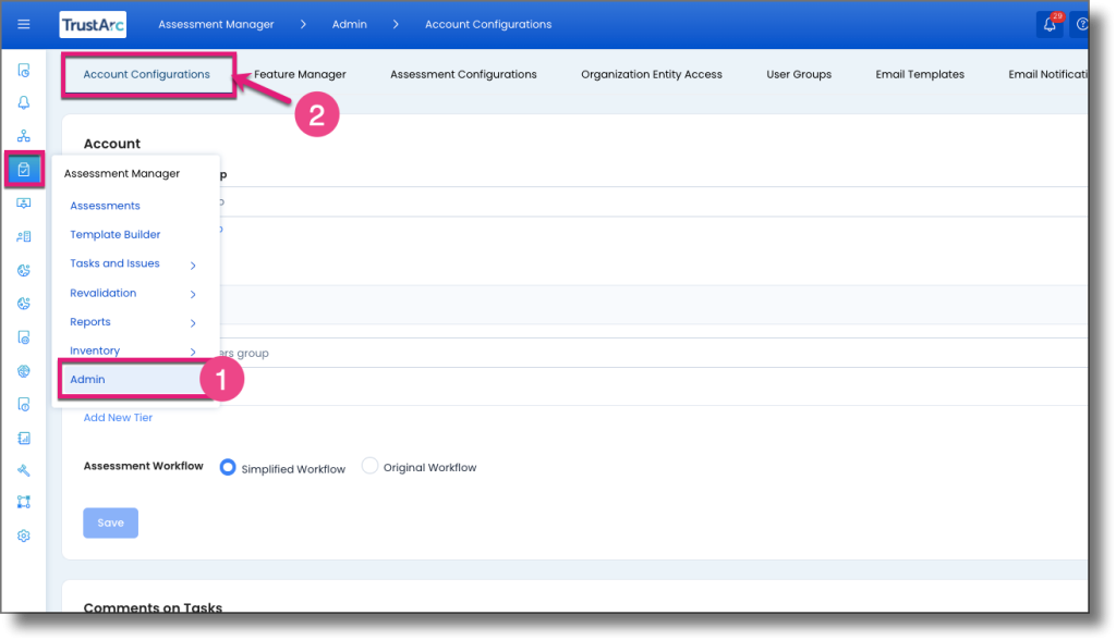 Left navigation showing the path to Admin and Account Configurations