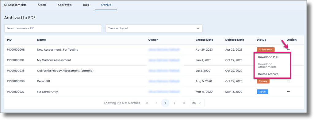 Archive list showing the ellipsis menu with download and delete options