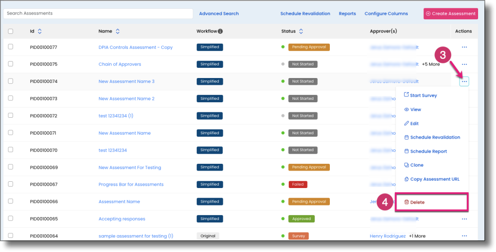 All Assessments page showing the ellipsis menu with the Delete option