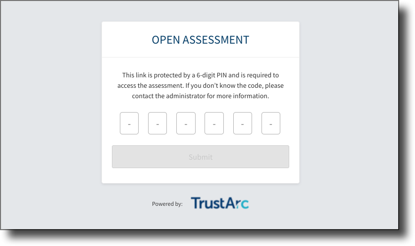 Assessment access screen showing the 6-digit PIN entry prompt for non-system users