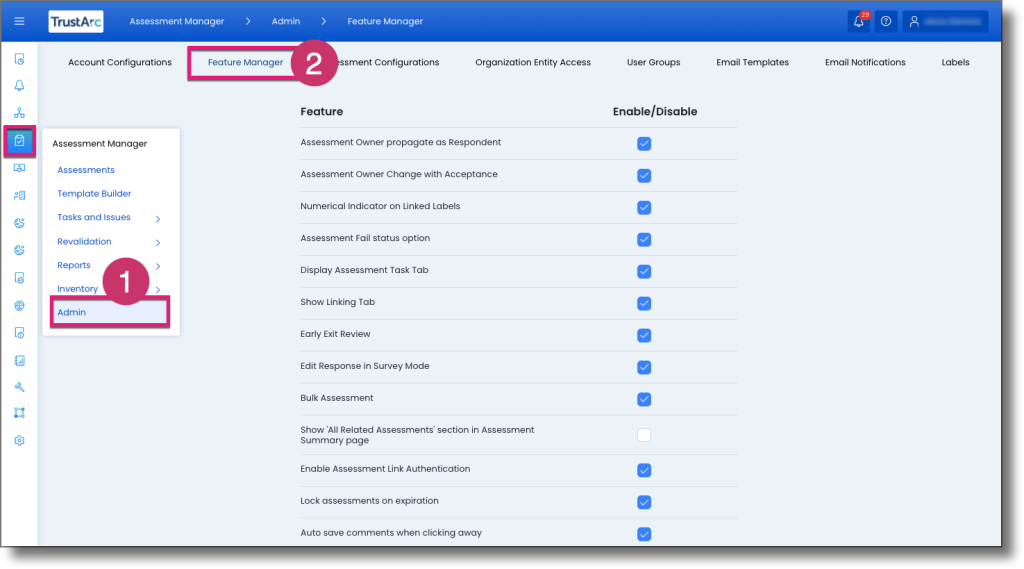 Left navigation showing the path to Admin and Feature Manager