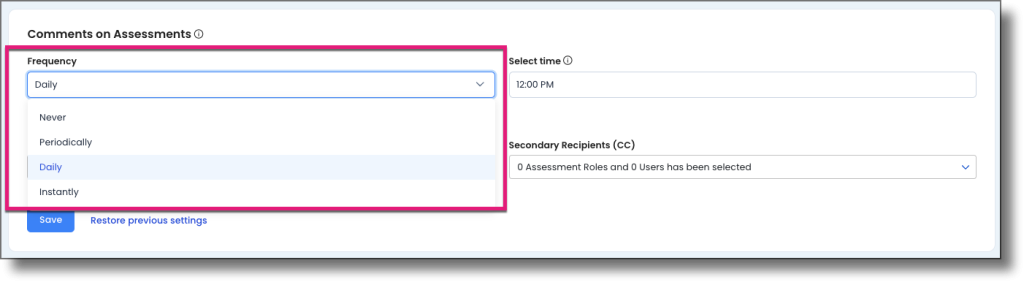 Frequency setting showing the Never, Periodically, Daily, and Instantly options