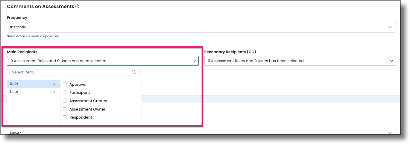 Main Recipients field showing assessment role and user options