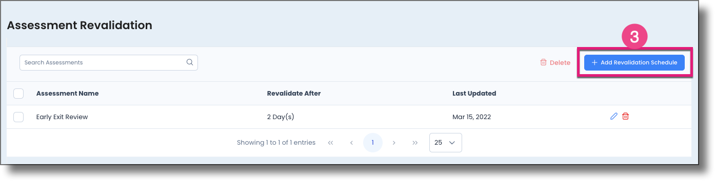 Assessment Revalidation page showing the Add Revalidation Schedule button