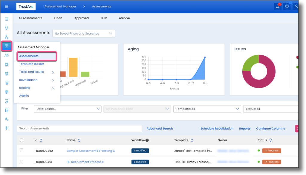 Left navigation showing the Assessment Manager icon and Assessments option