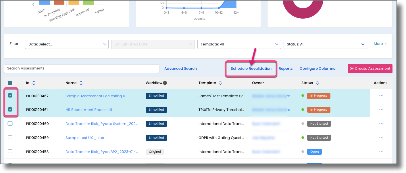 All Assessments page with multiple assessments selected and the Schedule Revalidation button highlighted