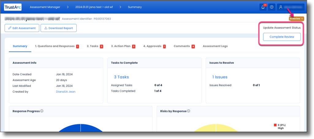 Assessment page showing the Assessment Status button in the top-right corner
