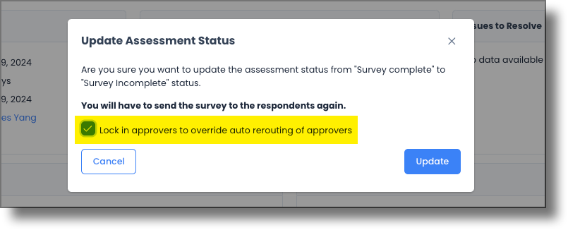 Confirmation dialog shown when transitioning from Survey Complete to Survey Incomplete