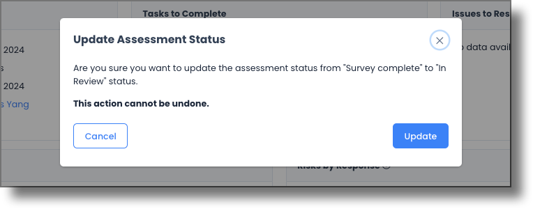 Confirmation dialog shown when transitioning from Survey Complete to In Review
