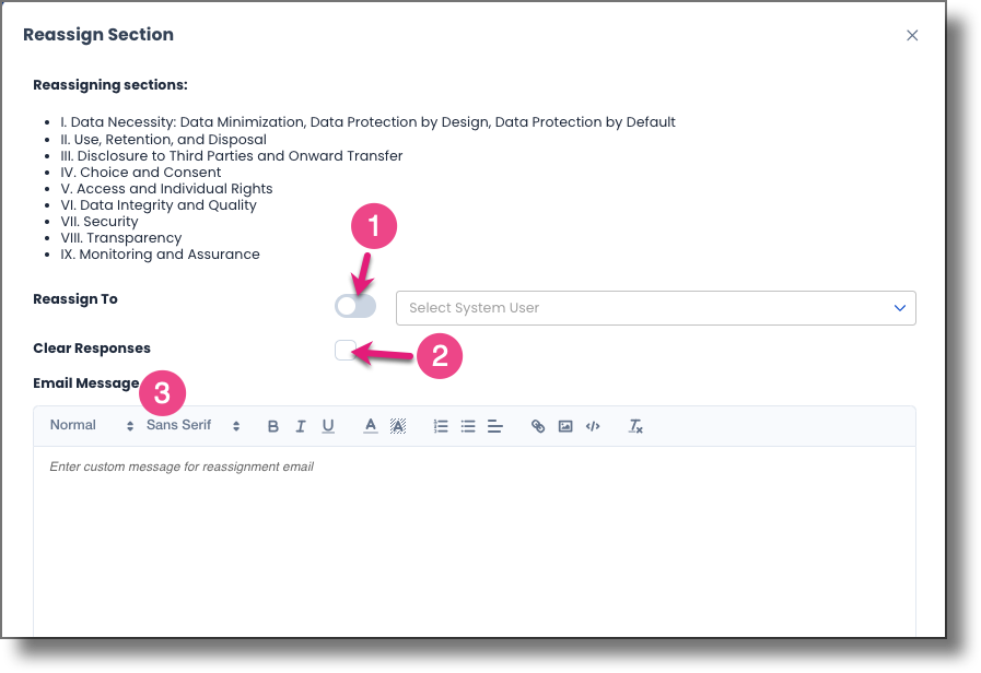 Reassign Sections modal showing respondent selection and options
