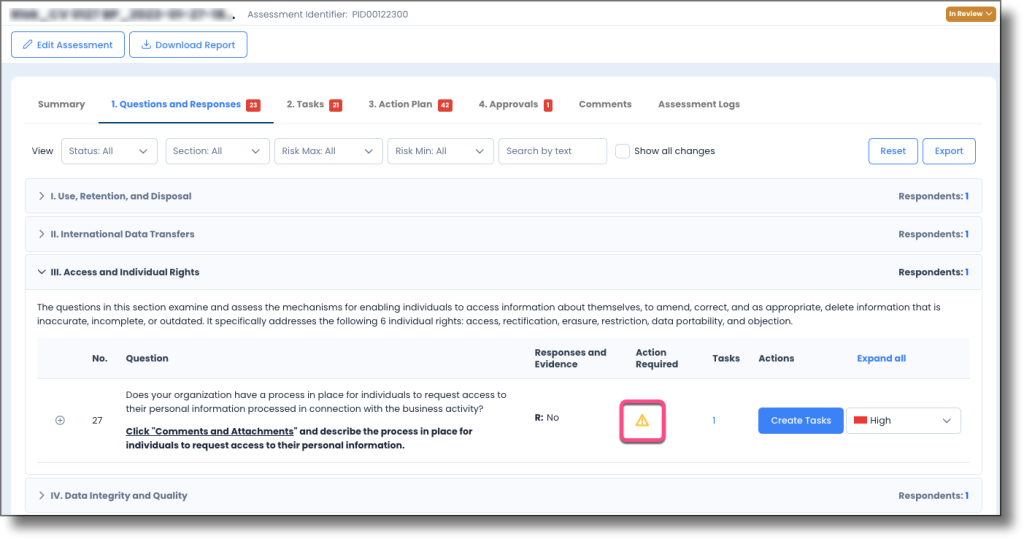 Assessment Survey section showing questions with flagged issues