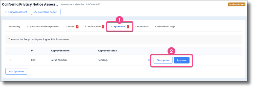 Approvals section showing the Fail and Approve buttons for each approver