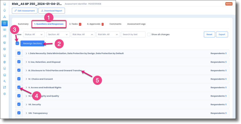 Questions and Responses section of the Assessment page showing the Reassign Section button